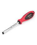 Three Eighths Inch Slotted Screwdriver With Four Inch Shank, Snappy Turning And High Torque Tri Lobe Handle With Soft Overmold Grip.