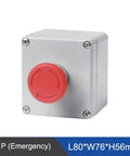 Metal push-button control box with red circular emergency start/reset knob, front view.