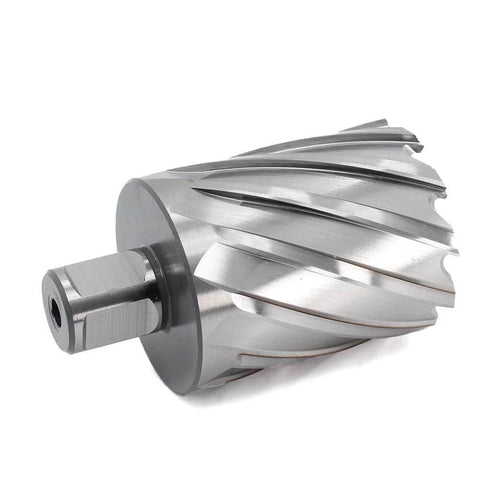 Side view of annular cutter with Weldon shank, 1-15/16 in diameter, 2 in depth of cut, silver metal