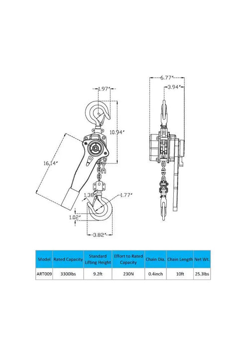 Technical diagram of Beefy Lever Chain Hoist 1.5 Ton Capacity with 10ft G80 Chain, showing dimensions and specifications.