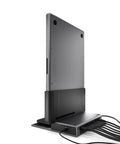 Dead Simple Vertical Thunderbolt 4 MacBook Docking Station Driving Two 4K Displays At 60Hz With Twelve Rock Solid Ports And Hella Fast 96 Watt Charging Plus Magsafe in vertical position with connected cables.