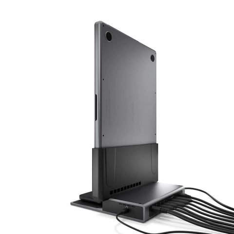 Dead Simple Vertical Thunderbolt 4 MacBook Docking Station Driving Two 4K Displays At 60Hz With Twelve Rock Solid Ports And Hella Fast 96 Watt Charging Plus Magsafe in vertical position with connected cables.