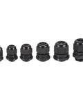 50 Pcs Adjustable Cable Gland Kit PG7 PG9 PG11 PG13.5 PG16 PG19 Waterproof Conduit Fittings Set, black cable connectors lined up