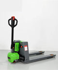 Maneuver Heavy Loads With This Smooth Full Electric Pallet Jack Truck with green accents and polyurethane wheels for safe handling.