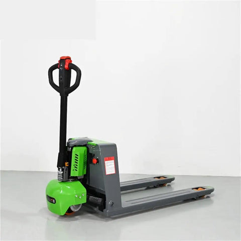 Maneuver Heavy Loads With This Smooth Full Electric Pallet Jack Truck with green accents and polyurethane wheels for safe handling.