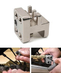 Master Link Press Tool For 520 525 530 Motorcycle Chains Beefy Steel Alignment Tool for Street and Dirt Bikes in use and detail view