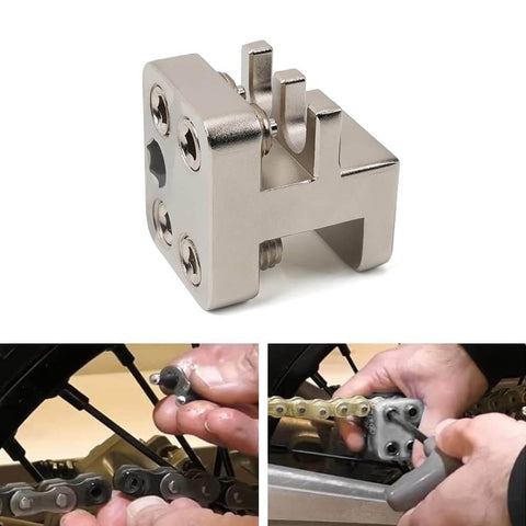Master Link Press Tool For 520 525 530 Motorcycle Chains Beefy Steel Alignment Tool for Street and Dirt Bikes in use and detail view