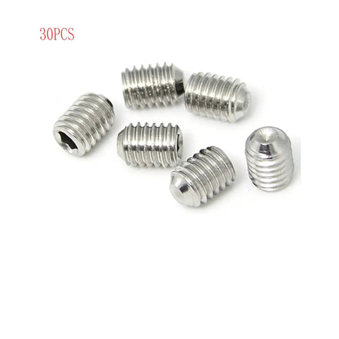 Built Tough M3 X 3MM 304 Stainless Steel Hexagon Socket Set Screws Flat Point Drive Fasteners, pack of thirty screws shown.