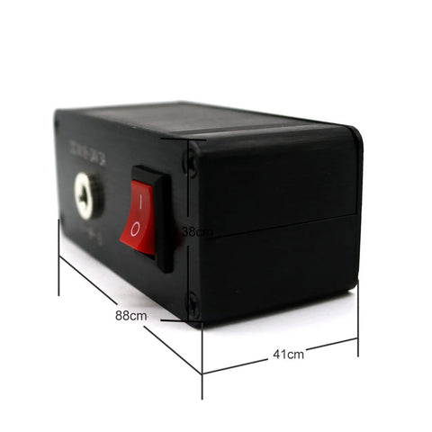Get This Bad Boy T12 Soldering Station With Bright OLED Screen And Fast Heating side view with power switch, dimensions visible.