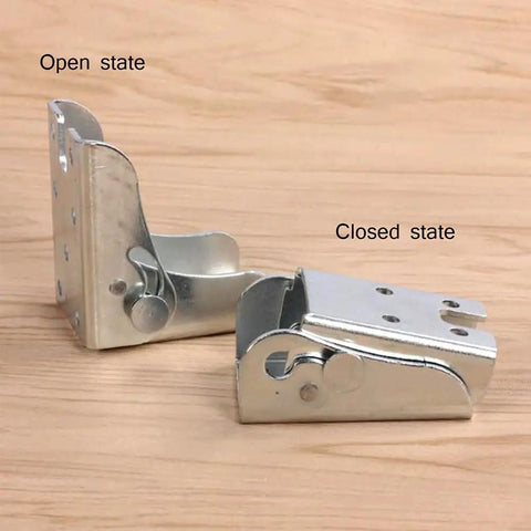 Heavy Duty Galvanized Steel Self Locking Hinge Brackets For Folding Desks And Couches showing open and closed states on wood surface.