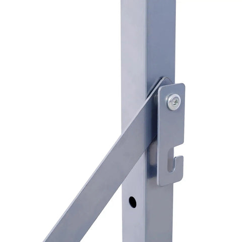 Close-up of the adjustable hook and support brace of the Wall Mount Folding Tire Rack With Adjustable Width And Heavy Duty 300 Lb Capacity For Rv Atv Car Storage Boss Garage Organizer.