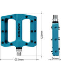 Ultralight Non Slip Nylon Fiber Mountain Bike Pedals Flat Platform Nine Sixteenth Inch Spindle For MTB BMX And Road Cycling Grippy Durable Pedals In Blue with dimensions