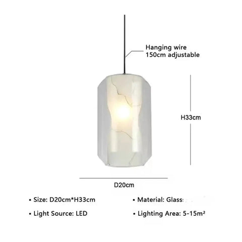 Modern Clear Glass Pendant Light with Marble Pattern Inner Shade, Adjustable Suspended Hanging for Kitchen Island,Warmth, 20cm diameter, 33cm height.