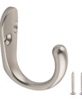 Robe Hook Satin Nickel Set Of 5, Heavy Duty Zinc Alloy Wall Hangers With Mounting Hardware And Instructions, close-up hook with screws