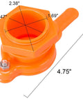 Orange two pack nylon honey gate valve with measurements for five gallon buckets, heavy duty food grade tap with stainless steel wing nuts.