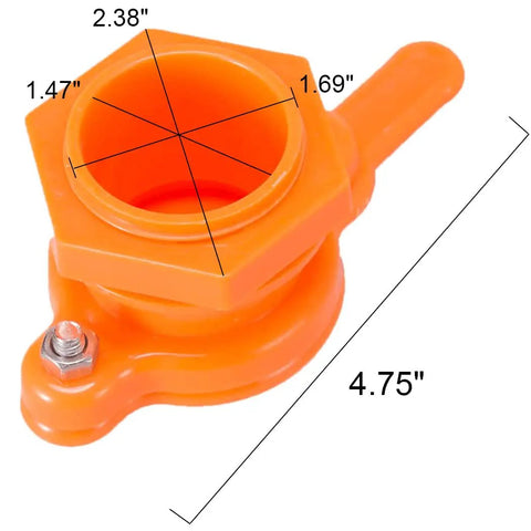 Orange two pack nylon honey gate valve with measurements for five gallon buckets, heavy duty food grade tap with stainless steel wing nuts.