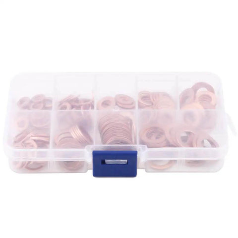 Rock Solid 200 Piece Copper Flat Washers Gasket Set M5 M6 M8 M10 M12 M14 OD 9 To 18 mm for Car and Home Repair That Get The Job Done Without Any Hassle for Real Men and Women Handling Daily Maintenance Tasks across the Country. copper flat washer kit in plastic organizer box