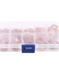 Transparent storage box with Kick Ass 200 Pc Copper Flat Washer Gasket Kit Assorted M5 M6 M8 M10 M12 M14 Sizes
