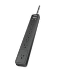 Rock Solid 1440 Joule Surge Protector Power Strip Featuring Seven Ample Outlets And A Six Foot Flat Plug Cord in sleek black design.