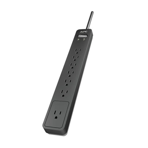 Rock Solid 1440 Joule Surge Protector Power Strip Featuring Seven Ample Outlets And A Six Foot Flat Plug Cord in sleek black design.