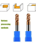Carbide ball nose end mills, front view; two blue-shank bits with copper flutes for alloy and hardened steels.