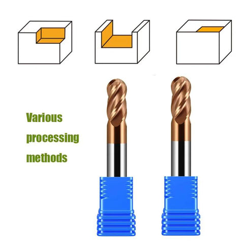 Carbide ball nose end mills, front view; two blue-shank bits with copper flutes for alloy and hardened steels.
