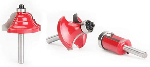 Badass 35 Piece Router Bit Set With 6Mm Shank And Tungsten Carbide Edges Sharp As A Tack For Hassle Free Woodworking Milling Cuts Comes Ready To Rock In A Rugged Metal Box, displaying several router bits in red with steel shanks.