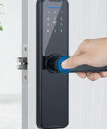 Top Shelf Keyless Fingerprint Smart Door Lock With Rain Ready Waterproof Design And Slick Remote Photo Control App For Zero Hassle Home Security And Bulletproof Deadbolt Protection, black design with touchpad.
