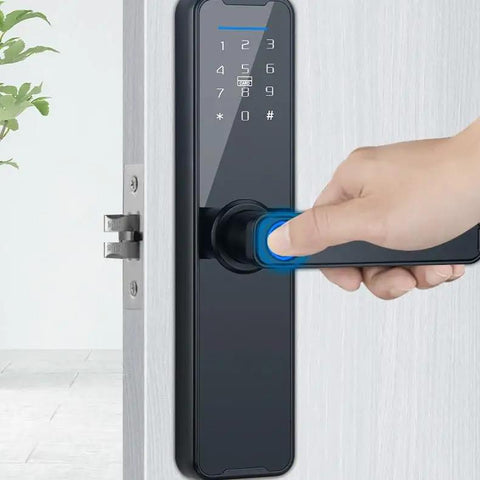 Top Shelf Keyless Fingerprint Smart Door Lock With Rain Ready Waterproof Design And Slick Remote Photo Control App For Zero Hassle Home Security And Bulletproof Deadbolt Protection, black design with touchpad.