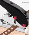 Beast Of A Heavy Duty Single Hole Punch Handheld Paper Punch with ergonomic handle and spring, shown punching holes in brown material.