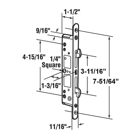 Diagram of Sliding Glass Patio Door Lock Mortise Type 2-Point With 7.796 Inch Screw Hole Spacing, Dual Hook Latches, Square Drive