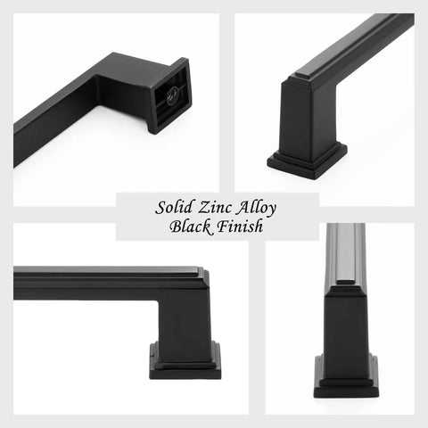 Close-up of 10 Pack 3 Inch Hole Center Matte Black Cabinet Pulls And Handles For Cabinets Drawers Dressers Vanities Closets Durable Metal Hardware With Included 1 Inch And 1 And A Half Inch Screws For Easy Installation showing solid zinc alloy black finish.