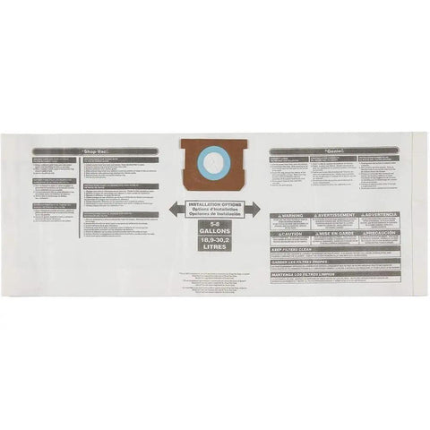 Three Pack Dry Dust Bags For 5 To 8 Gallon Shop Vacs with installation instructions and size details on bag surface.
