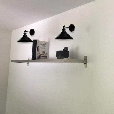 2-Pack Battery-Operated Remote Control Wall Lights above shelf, 55 Lumens Each, Cordless Vintage Black Shell Fixtures