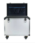 Front view of open rolling tool box with telescopic handle and wheels, heavy duty tool storage organizer for tools and parts.