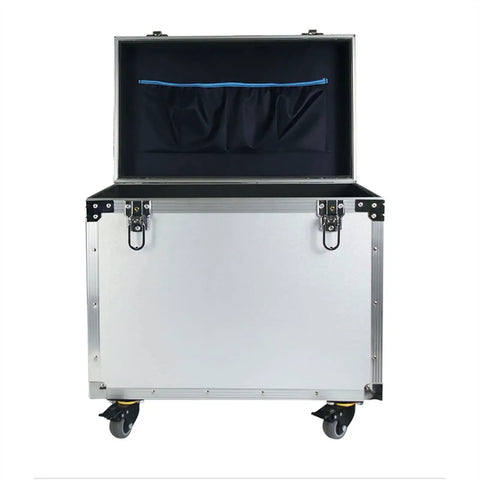 Front view of open rolling tool box with telescopic handle and wheels, heavy duty tool storage organizer for tools and parts.