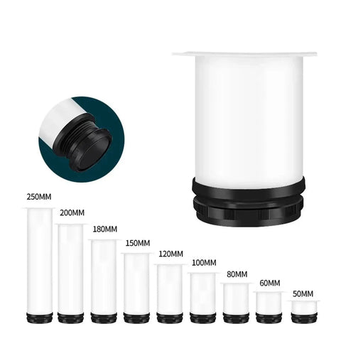 Adjustable Furniture Feet 4 Pack 50mm To 250mm White Stainless Steel Replacement Feet with adjustable heights displayed