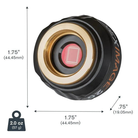Dimensions and weight of the Dope 20 MP Solar System Camera With AR2020 Back Illuminated Sensor For Ultra Crisp Moon Planets And Solar Imaging USB C ROI Autoguiding Plug And Play To Any Telescope Or PC shown.