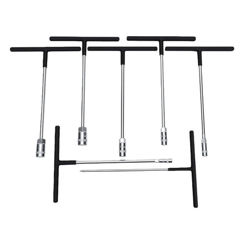 Heavy Duty T Handle Socket Wrench Set for Cars and Bikes, 7 Piece Metric Drive Kit with chrome finish and black grips.