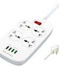 Built Tough Smart Surge Protector Power Strip With Two Meter Extension Cord Four Universal Sockets Plus Four USB Type A Ports, white design.