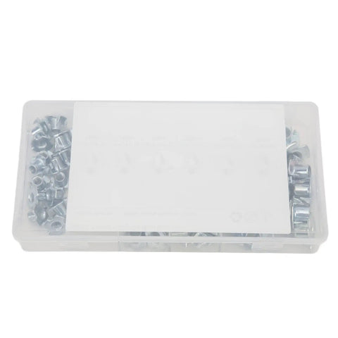 80Pcs T Nuts Set In Carbon Steel Galvanized Finish in clear storage box for RVs, machinery, electronics, lighting, furniture projects.