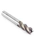 4-flute HSS end mill, side view, silver with straight shank.