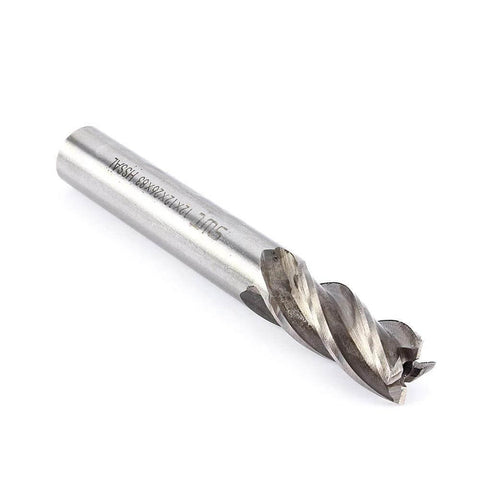 4-flute HSS end mill, side view, silver with straight shank.