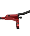 Rock Solid Four Piston Hydraulic Disc Brake Set For Mountain Bikers With Drop Dead Smooth Bilateral Oil Lines And Tough Resin Pads For Hardtail Or Full Suspension Shredding, red brake lever close-up.