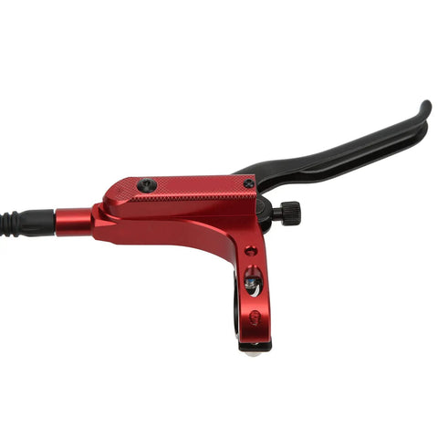 Rock Solid Four Piston Hydraulic Disc Brake Set For Mountain Bikers With Drop Dead Smooth Bilateral Oil Lines And Tough Resin Pads For Hardtail Or Full Suspension Shredding, red brake lever close-up.