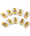 Set of 10 golden Carbide Inserts APKT11T308 for Face Milling and End Milling showing top view, 0.256 inch width, 0.142 inch thickness.