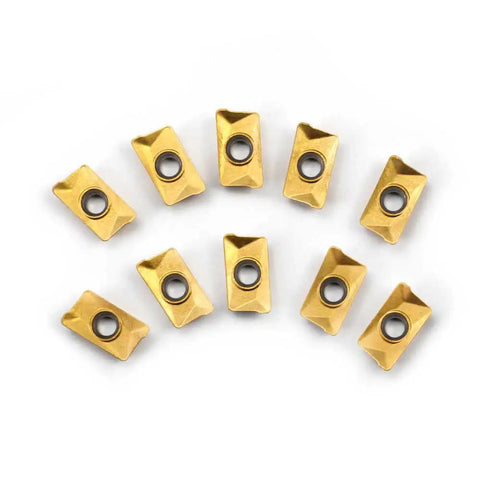 Set of 10 golden Carbide Inserts APKT11T308 for Face Milling and End Milling showing top view, 0.256 inch width, 0.142 inch thickness.