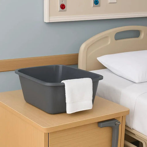 Rectangular Plastic Wash Basin Set 7 Qt Small Portable Bedside Soaking Tub Pack Of 2 with towel in hospital room