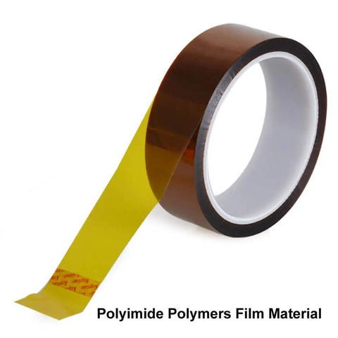 High Temp Tape 5 Pack Set With Mixed Widths showing polyimide film material and yellow silicone adhesive layer.
