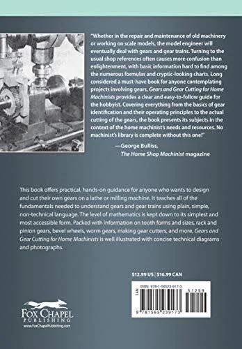 Back cover of the book Gears and Gear Cutting for Home Machinists; gear photo, publisher logo, and barcode.